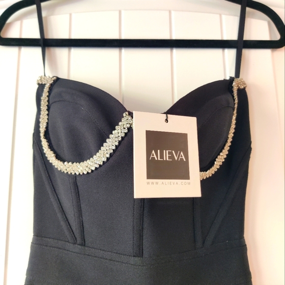 NWT Size S, Alieva "Silvia" Black Bodycon Dress, Diamond Studded Sweetheart Cut - Picture 3 of 4